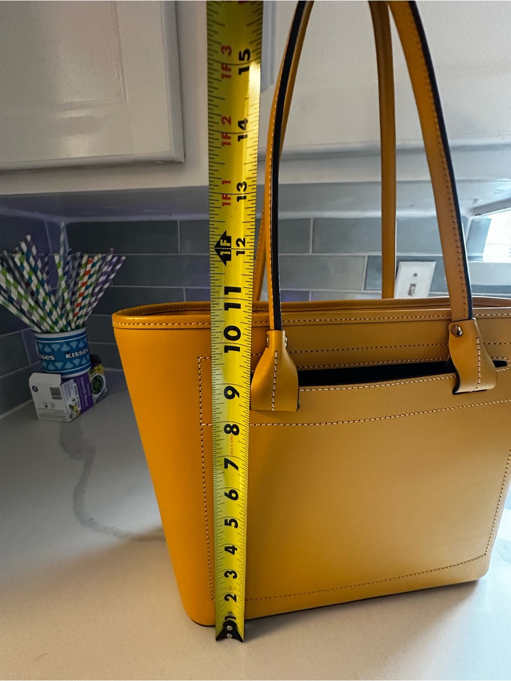Dooney & Bourke Mustard Yellow Leather Tote with Front Pocket - Picture 4 of 8